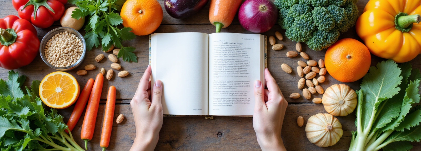 Vibrant spread of healthy ingredients and a person reading a book about wellness.