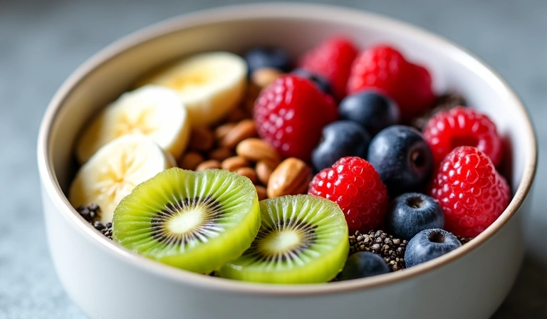 A colorful bowl of fresh fruit, nuts, and seeds, suggesting a healthy breakfast or snack.