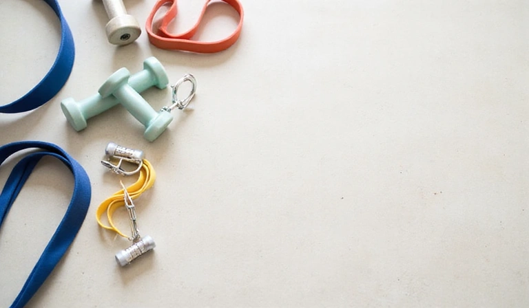 Various resistance bands and light dumbbells laid out on a clean gym floor, indicating home workout tips.