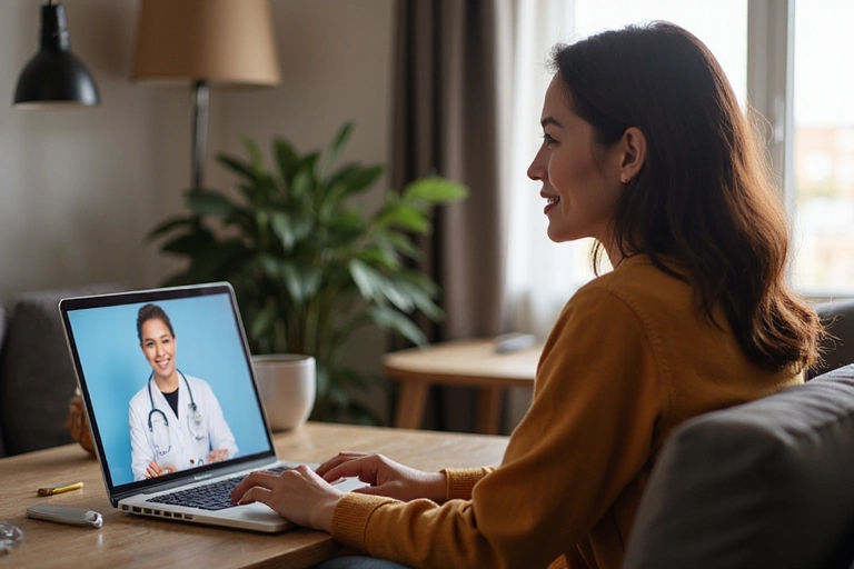 A person comfortably sitting at home, engaged in a video call with a health professional, showing a relaxed and effective online consultation
