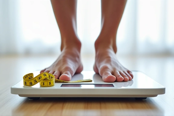 A person weighing themselves on a scale with a tape measure, symbolizing weight management